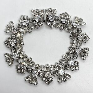 Sherman Clear Crystal Silver Tone Floral Leaves Flower Bracelet | 7.4” L | .8” W